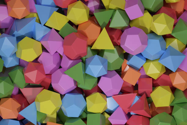 poliedros de diferentes colores. sólidos platónicos backgound. ilustración 3d. - hexahedron fotografías e imágenes de stock
