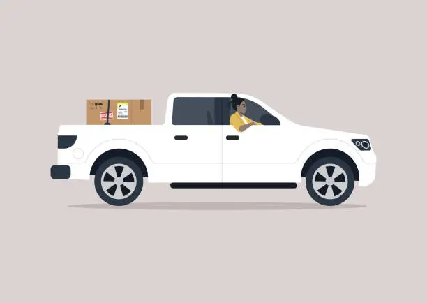 Vector illustration of A young driver of a pickup truck driving with one elbow hanging out of the window, a cardboard box in the trunk