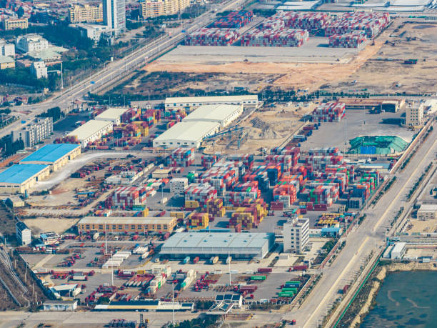 istock Aerial view of stacked containers in cargo port 1477174804