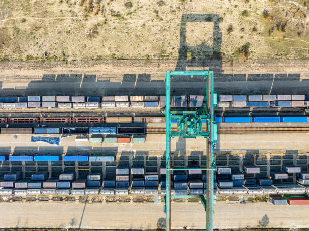 istock Aerial view of stacked containers in cargo port 1477175122