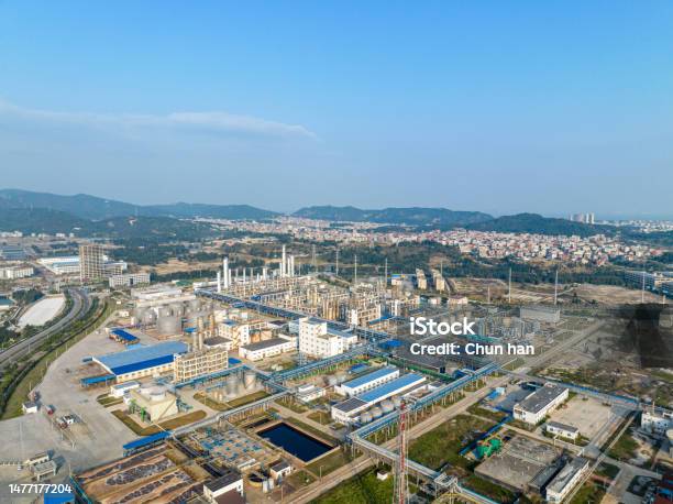Aerial View Of A Chemical Plant In Operation Under A Blue Sky Stock Photo - Download Image Now