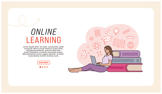 Illustration of a young woman studying remotely using laptop computer. Young woman sitting , relaxing and using laptop computer. Online learning concept. Set of education icons and symbols.