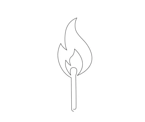 Vector illustration of Continuous one line drawing of burning match. simple burning match stick line art vector illustration. Editable stroke.