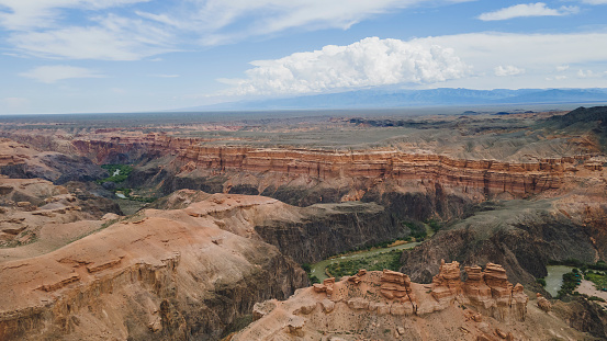 A view of a large canyon with a winding river in the gorge.