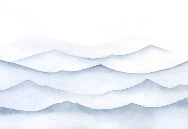 illustrations, cliparts, dessins animés et icônes de aquarelle, illustration de texture d’un fond abstrait, gris-bleu, avec une vue panoramique sur les montagnes ou la mer avec le ciel. - illustration and painting panoramic sky snow