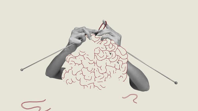 Human hands knitting brain. Growing psychological and emotional stability. Abstract design. Stop motion, animation.