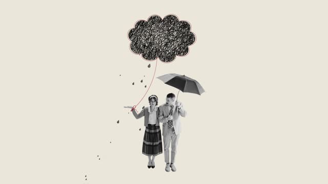 Couple walking under umbrella. Woman suffering from obsessive thoughts. Difficulties in relationships. Manipulation. Stop motion, animation.