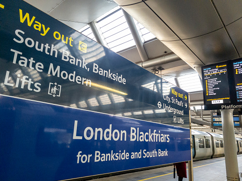 London, UK - January 18, 2014: Detail of Wimbledon underground station facade. The station is the main transport hub for the Wimbledon tennis competition.