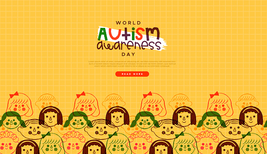 World Autism Awareness Day web template illustration of diverse colorful children cartoon faces in vintage hand drawn style. Autistic education support concept for april 2 event.