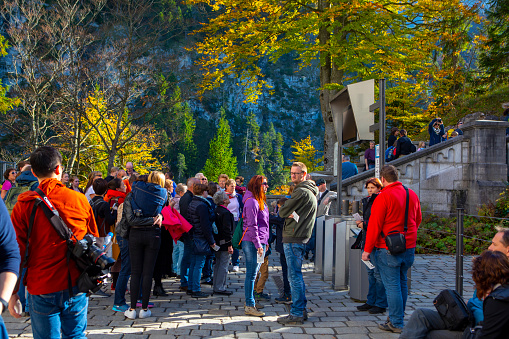 People queuing up to enter Neuschwanstein Castle in Bavaria, Germany(October 11, 2017, Germany, Bavaria)