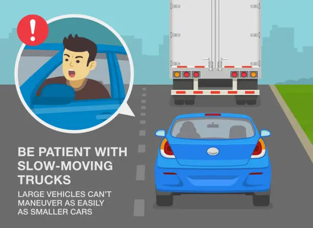 Vector illustration of Be patient with slow-moving trucks, large vehicles can't maneuver as easily as smaller cars. Angry driver close-up.