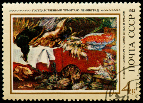 Soviet postage stamp from 1973 dedicated to Hermitage Museum in St. Petersburg, with a painting by Frans Snyders \