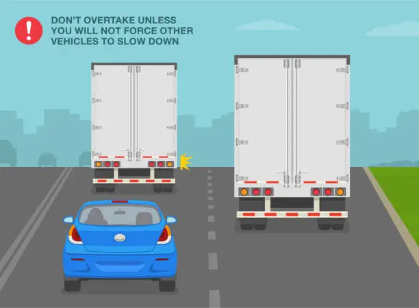 Vector illustration of Do not overtake unless you will not force other vehicles to slow down. Truck passing another truck.