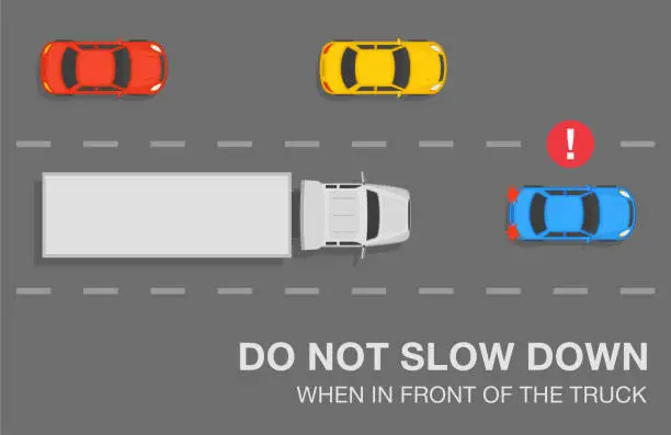 Vector illustration of Don't slow down when driving in front of the truck. Blue sedan car slows down in front of a truck on highway. Top view.