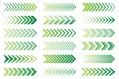 Set of green arrows. Vector design elements, different shapes.