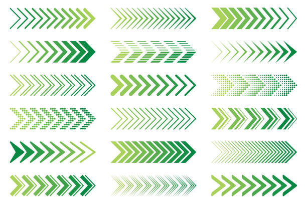 Arrows Set of green arrows. Vector design elements, different shapes. chevron stock illustrations