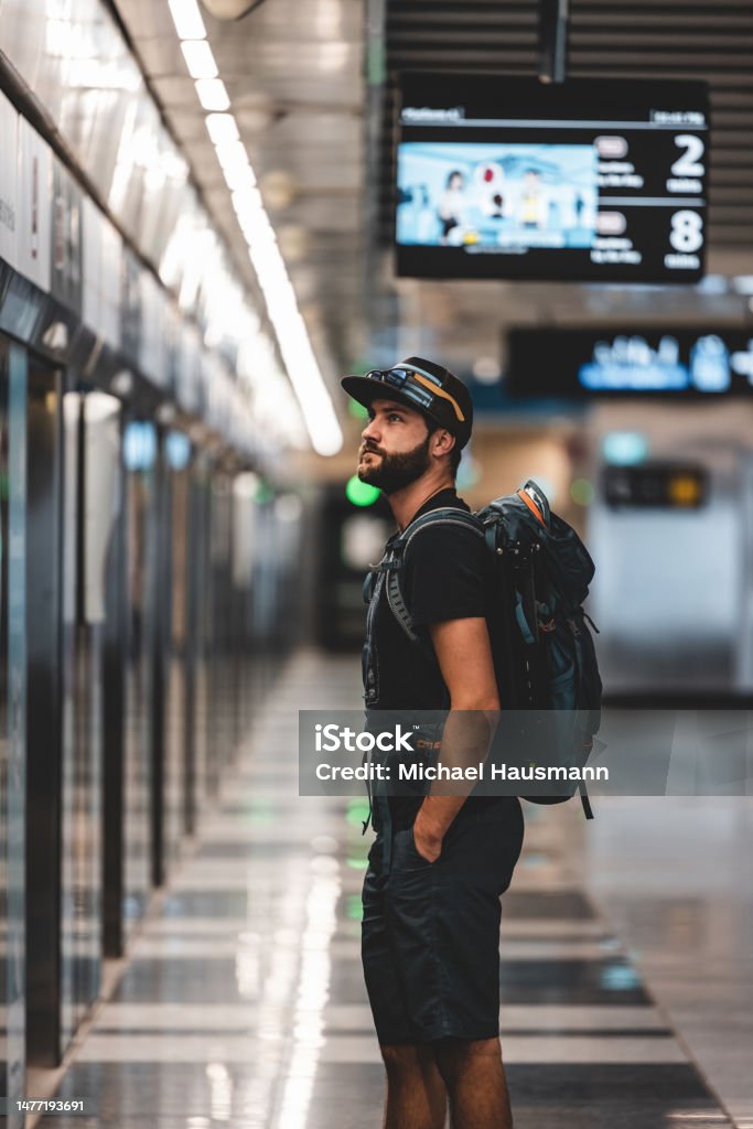 MRT station Traveling through Singapore by MRT Backpack Stock Photo