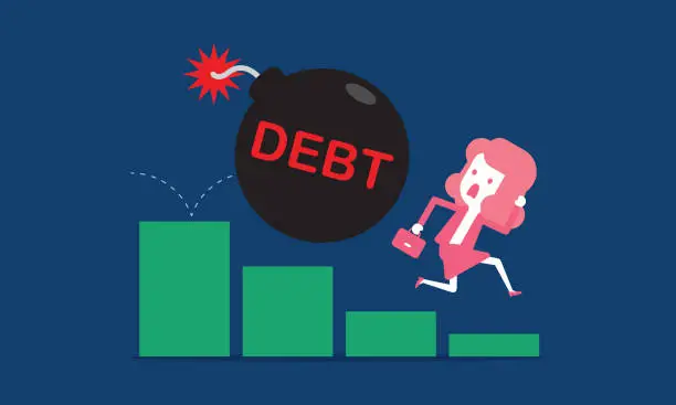 Vector illustration of Businesswoman running away from debt