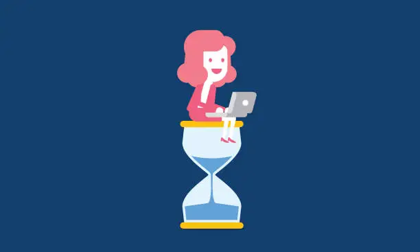 Vector illustration of Businesswoman working with laptop on hourglass