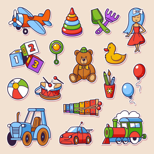 Set of Kid Toys vector illustration in cartoon style. Cute children's toys colorful sticker pack. Ideal for print, badge, promo, web design. Set of Kid Toys vector illustration in cartoon style. Cute children's toys colorful sticker pack. Ideal for print, promo, web design. ursus tractor stock illustrations