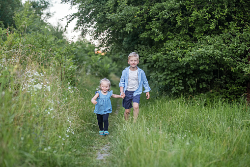 Little children, brother and sister walk and play in nature. Summer clothes. Summer and holidays.