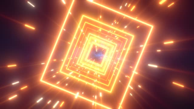 Abstract orange energy futuristic hi-tech square tunnel of flying lines neon magic glowing background, 4k video, 60 fps