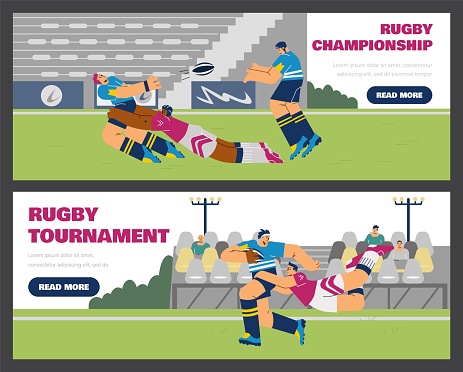 Rugby championship and tournament advertising web banners set, flat vector illustration. Rugby players throwing ball on the field. CHaracters running and falling during rugby game.