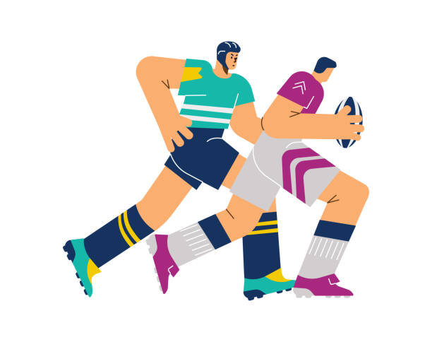 ilustrações de stock, clip art, desenhos animados e ícones de rugby team player running with ball flat cartoon vector illustration isolated. - rugby cartoon team sport rugby field