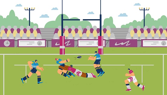 Stadium field with rugby league teams match, flat cartoon vector illustration. Rugby football sport game competition with players running with ball on arena.