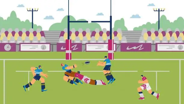 Vector illustration of Stadium field with rugby league teams match, flat cartoon vector illustration.