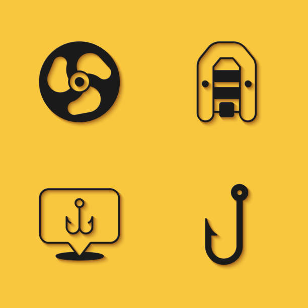 Set Outboard boat motor, Fishing hook, and Inflatable with icon with long shadow. Vector Set Outboard boat motor Fishing hook and Inflatable with icon with long shadow. Vector. barb feather part stock illustrations
