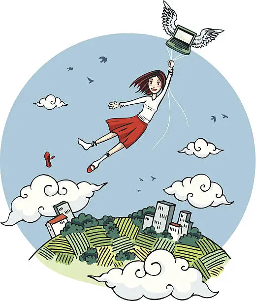 Vector illustration of Girl flying carried by laptop