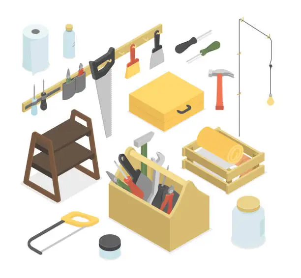 Vector illustration of Tools for carpenter - modern vector colorful isometric illustrations set