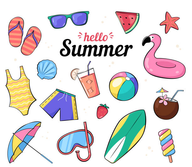 Summer objects set Set of summer, beach accessories and objects, vacation, holiday illustration in a cartoon, comic style bathing suit stock illustrations