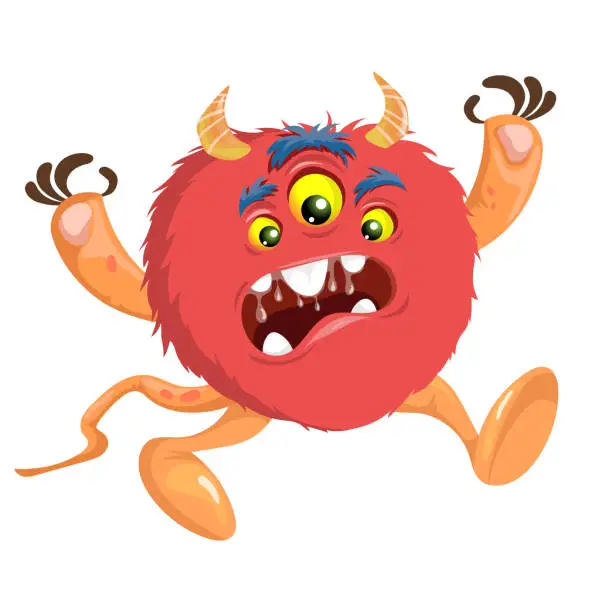 Vector illustration of Cartoon red furry cute monster. Best for monster party designs. Vector illustration.