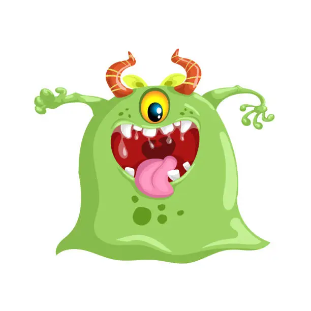 Vector illustration of Cartoon green one-eyed cute monster. Best for monster party designs. Vector illustration.