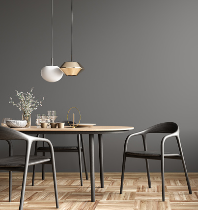 Interior of modern dining room, dining table and wooden chairs against black wall. Home design. 3d rendering