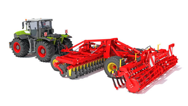 istock Farm Tractor with Trailed Disc Harrow 3D rendering on white background 1477203650