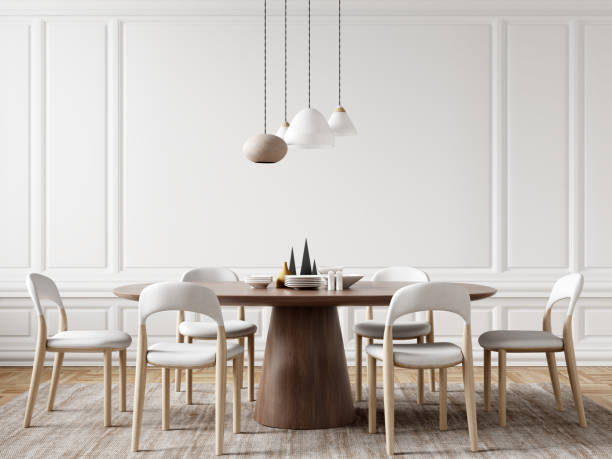 istock Interior of modern dining room, dining table and white chairs in room with paneling wall. Home design. 3d rendering 1477203654