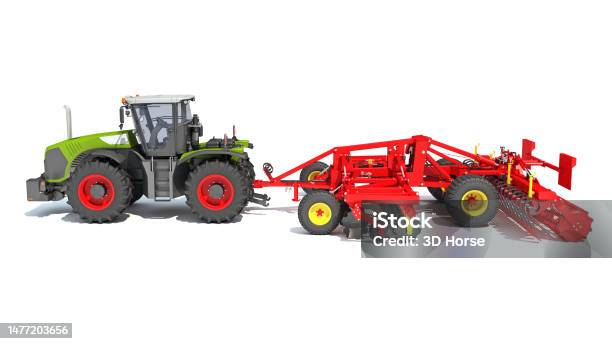 Farm Tractor With Trailed Disc Harrow 3d Rendering On White Background Stock Photo - Download Image Now
