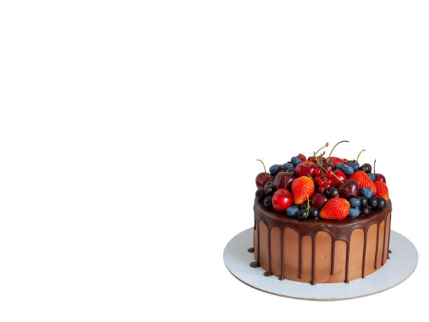 istock Chocolate cake with fresh berries, strawberry, cherry, blueberry isolated on white background. Horizontal orientation 1477204414
