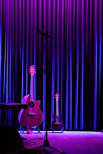 Stage with Neon Light in blue and purple.  Singer and musician. Guitar and microphone