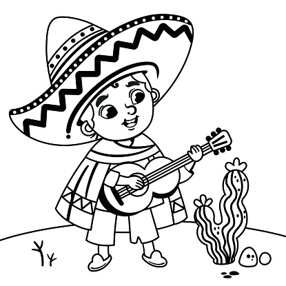 Black and white vector illustration of a little Mexican boy playing guitar.