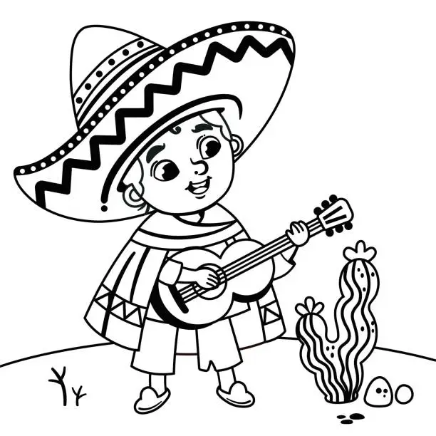 Vector illustration of Black and white Mexican Boy