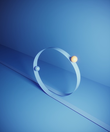 Balls standing and balancing on blue on blue colored circle paper. (3d render)