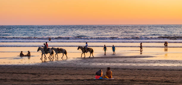 Horse riding on the beach while admiring the sun set