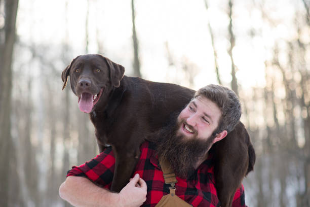 homme s’amusant soulevant son chien sur ses épaules - dog human face retrieving labrador retriever photos et images de collection