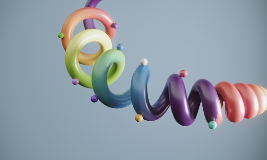 Multi colored balls standing on spiral shape on blue background. (3d render)