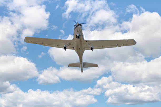 Light aircraft flying over blue sky Single engine ultralight plane flying in the blue sky with white clouds airplane commercial airplane propeller airplane aerospace industry stock pictures, royalty-free photos & images