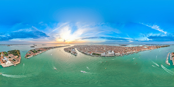 Seamless spherical HDRI aerial panorama 360 degrees for VR virtual reality of Venice old town city skyline, Italy, Europe. Famous tourist attraction cityscape landmark from above. coastline and boats.